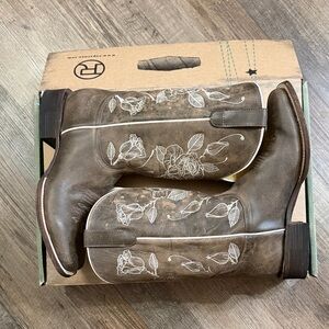 Roper Brown Boots with White Floral Design